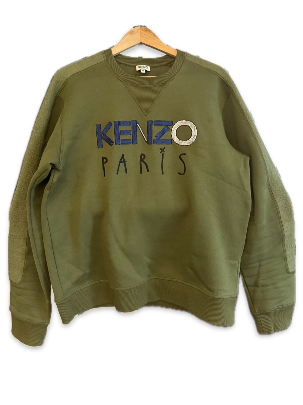 Kenzo Olive Green Crewneck Sweatshirt with Blue & White Logo